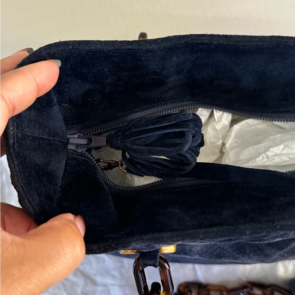 SEPCOEUR Paris Navy Blue Suede Moc-Tortoise Strap Shoulder Bag - Picture 5 of 12